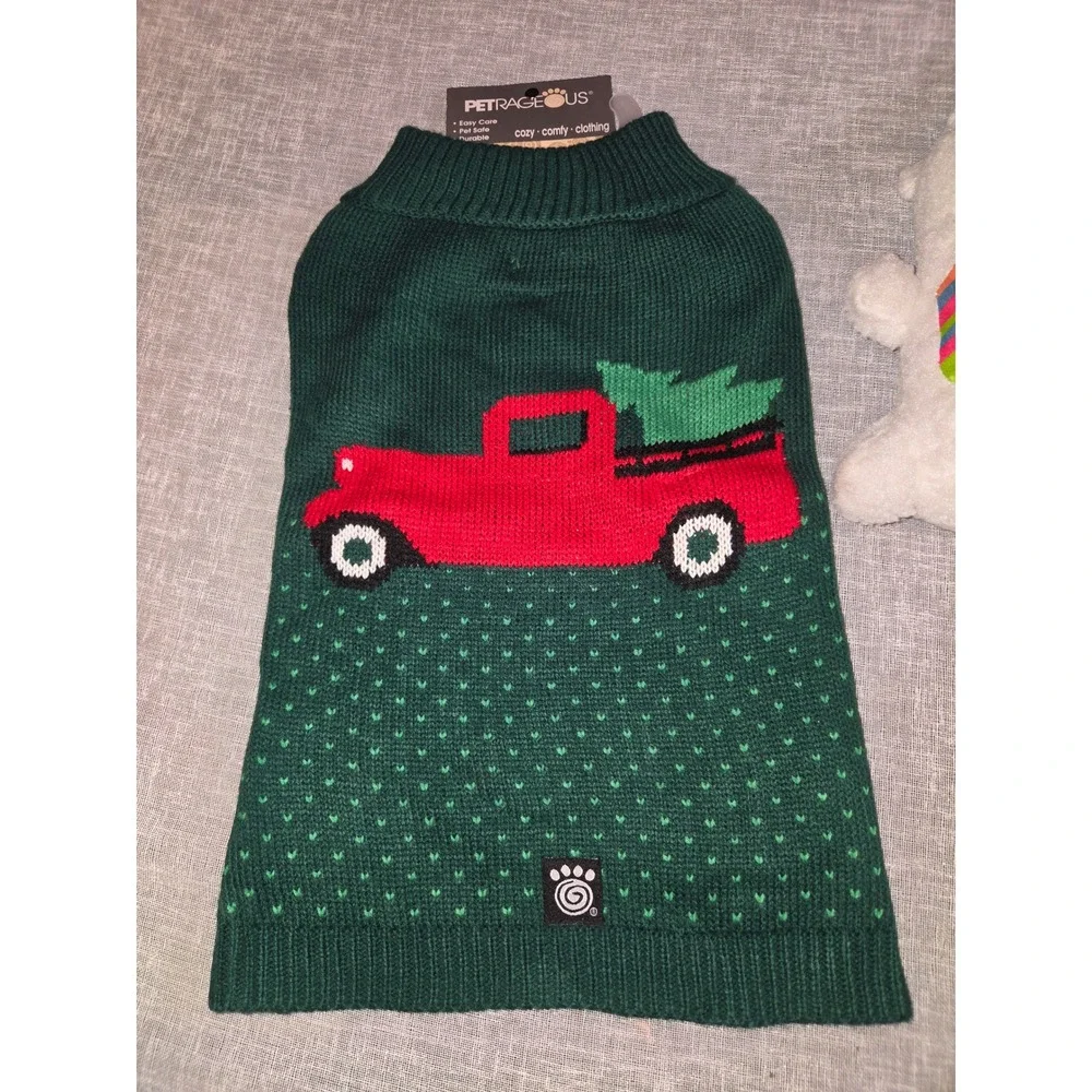PetRageous Designs Medium Dog Sweater Christmas Truck & 2 Plush Squeaker Toys